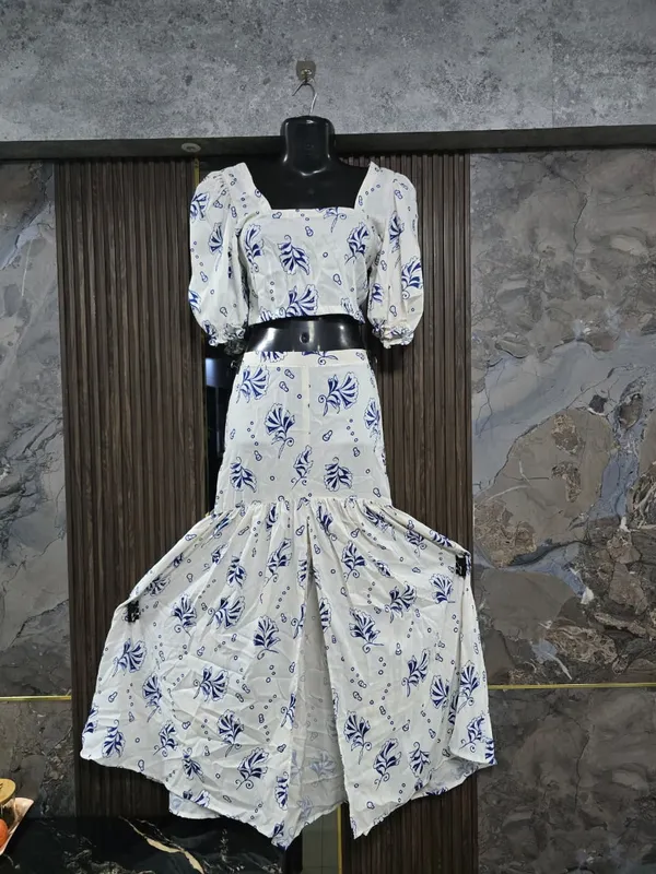 White_Floral_Print_Crop_Top_And_Skirt_Set_for_Women