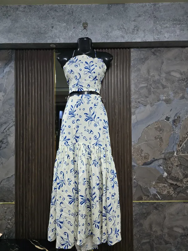 White_Floral_crop_top__Flared_skirt_style_Dress_for_Women