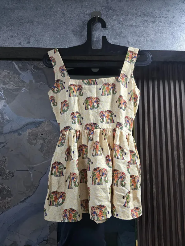 Cream_Elephant_Print_A-Line_Dress_for_Girls