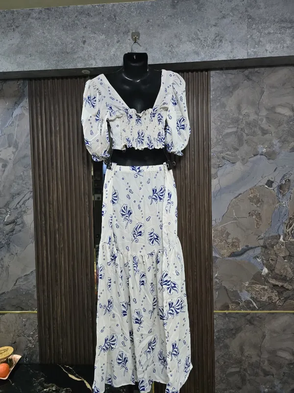 White_Floral_Print_Crop_Top_And_Skirt_Set_for_Women