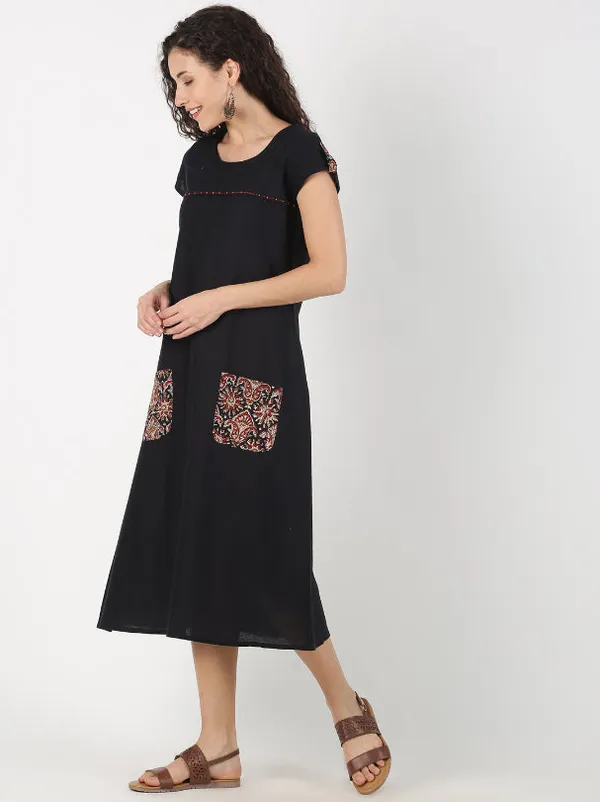 Black_Cotton_Flax_Kalamkari_Printed_Pocket_Dress