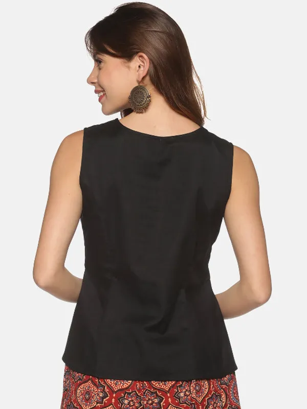Black_Cotton_Flax_Panelled_A-Line_Top_with_Button-Down_Placket