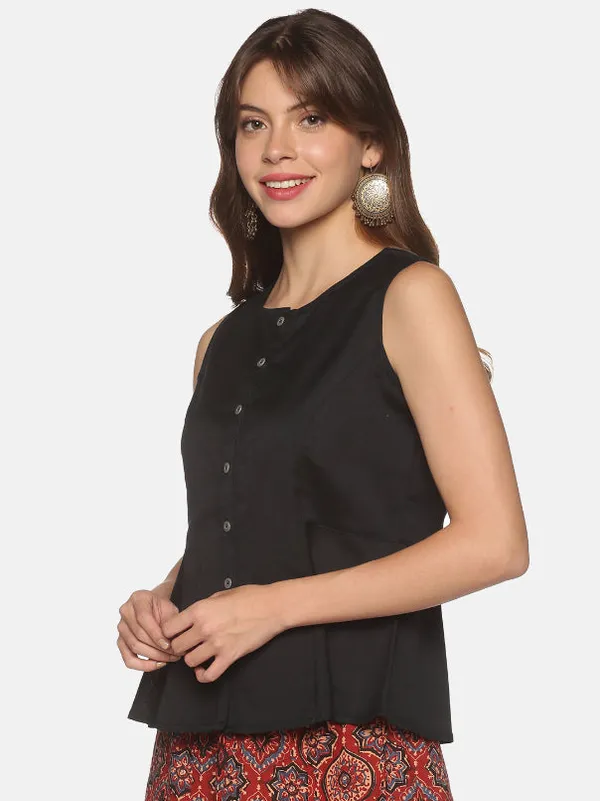 Black_Cotton_Flax_Panelled_A-Line_Top_with_Button-Down_Placket