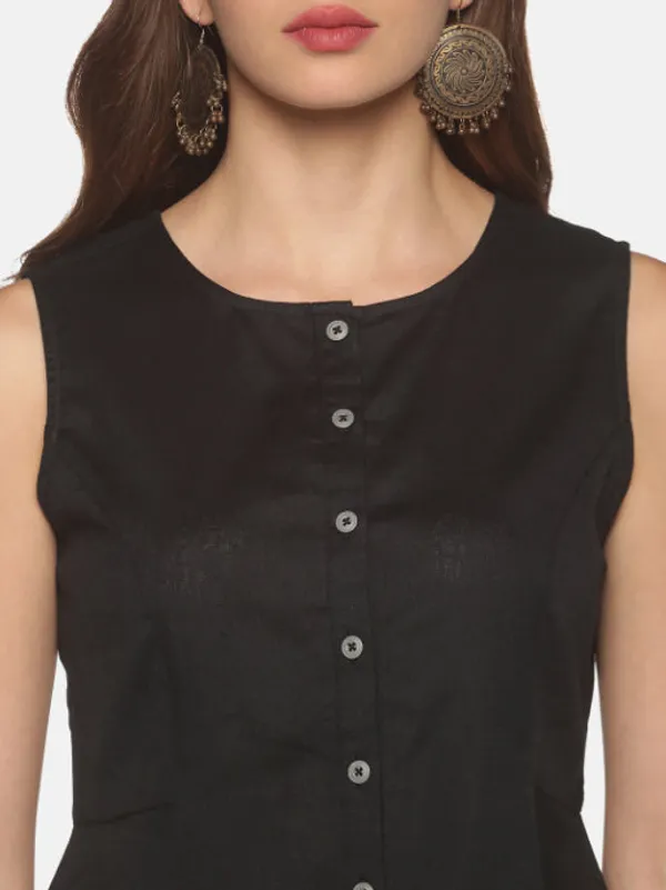 Black_Cotton_Flax_Panelled_A-Line_Top_with_Button-Down_Placket