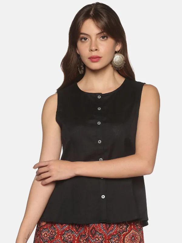 Black_Cotton_Flax_Panelled_A-Line_Top_with_Button-Down_Placket