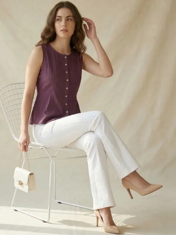 Purple_Cotton_Flax_Panelled_A-Line_Top_with_Button-Down_Placket