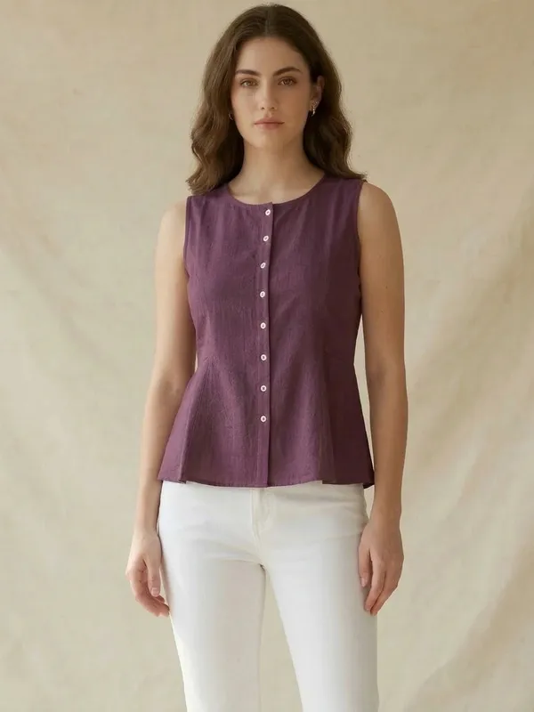 Purple_Cotton_Flax_Panelled_A-Line_Top_with_Button-Down_Placket