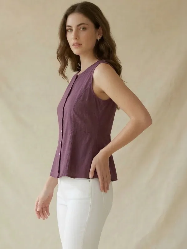 Purple_Cotton_Flax_Panelled_A-Line_Top_with_Button-Down_Placket