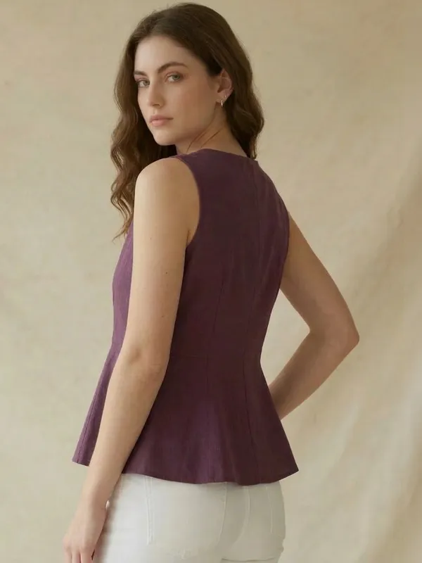 Purple_Cotton_Flax_Panelled_A-Line_Top_with_Button-Down_Placket