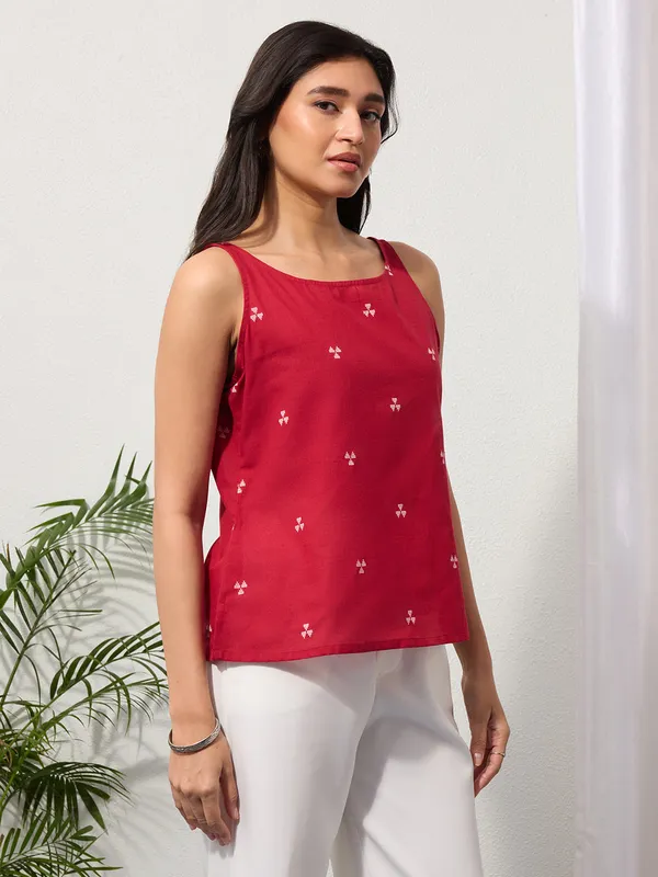 Cherry_Red_Woven_Design_Cotton_Top