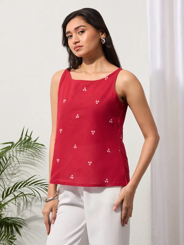 Cherry_Red_Woven_Design_Cotton_Top