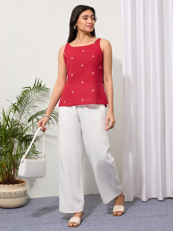 Cherry_Red_Woven_Design_Cotton_Top
