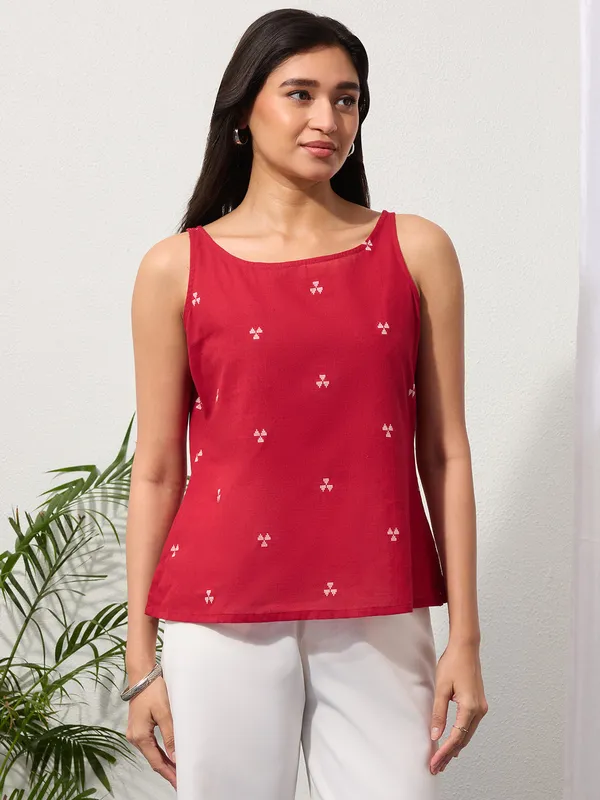 Cherry_Red_Woven_Design_Cotton_Top