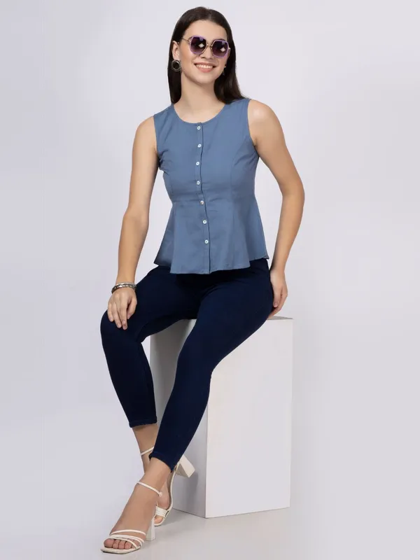 Blue_Cotton_Flax_Panelled_A-Line_Top_with_Button-Down_Placket