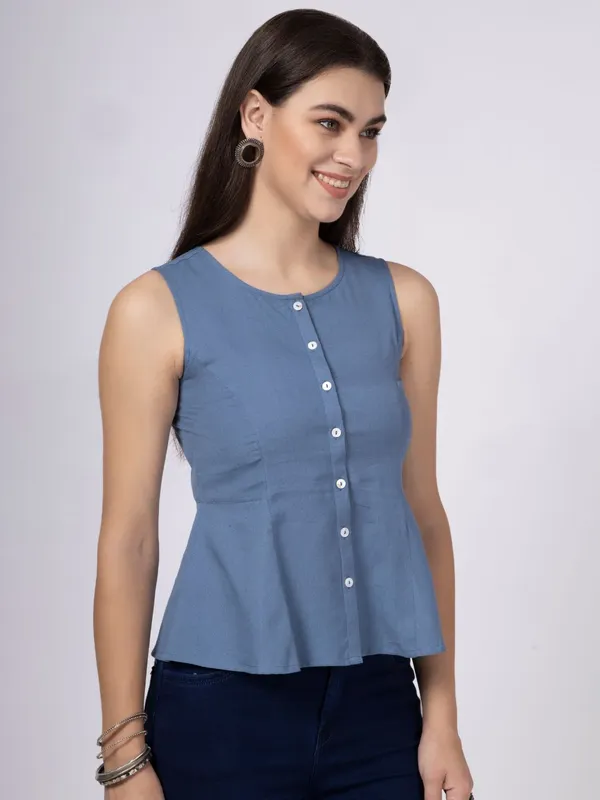 Blue_Cotton_Flax_Panelled_A-Line_Top_with_Button-Down_Placket