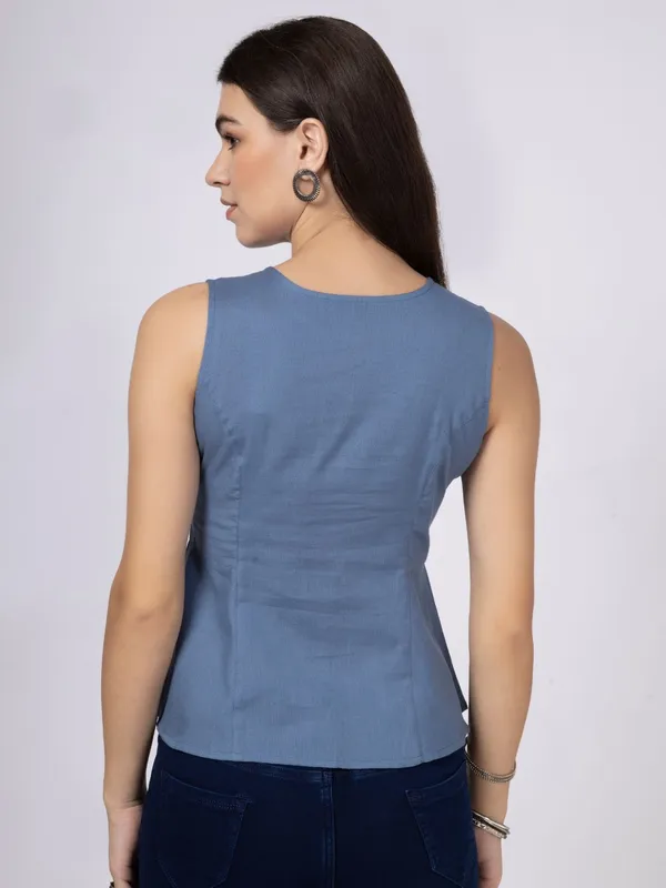 Blue_Cotton_Flax_Panelled_A-Line_Top_with_Button-Down_Placket