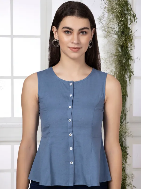 Blue_Cotton_Flax_Panelled_A-Line_Top_with_Button-Down_Placket