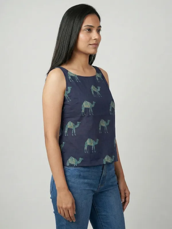Navy_Sanganeri_Camel_Print_Cotton_Tank_Top