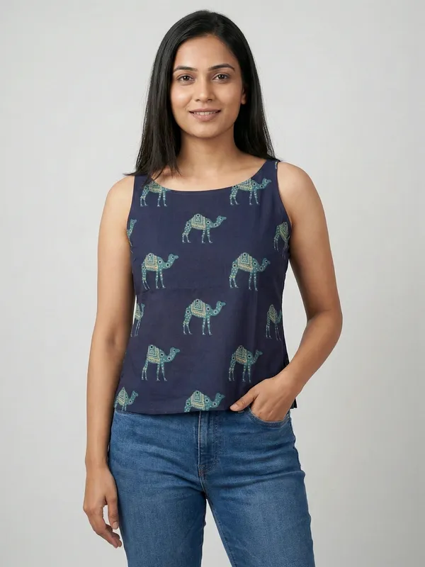Navy_Sanganeri_Camel_Print_Cotton_Tank_Top