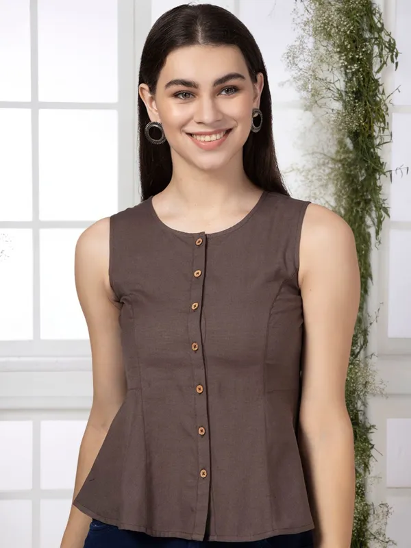 Brown_Cotton_Flax_Panelled_A-Line_Top_with_Button-Down_Placket