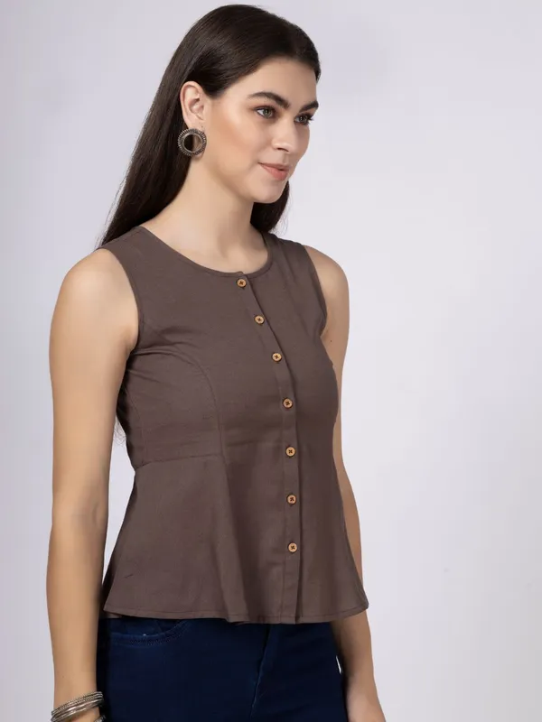 Brown_Cotton_Flax_Panelled_A-Line_Top_with_Button-Down_Placket
