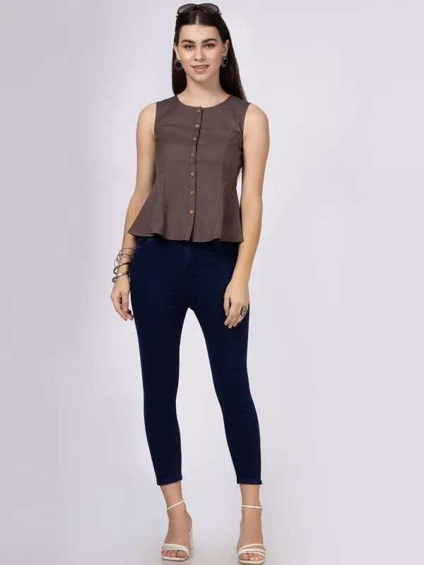 Brown_Cotton_Flax_Panelled_A-Line_Top_with_Button-Down_Placket