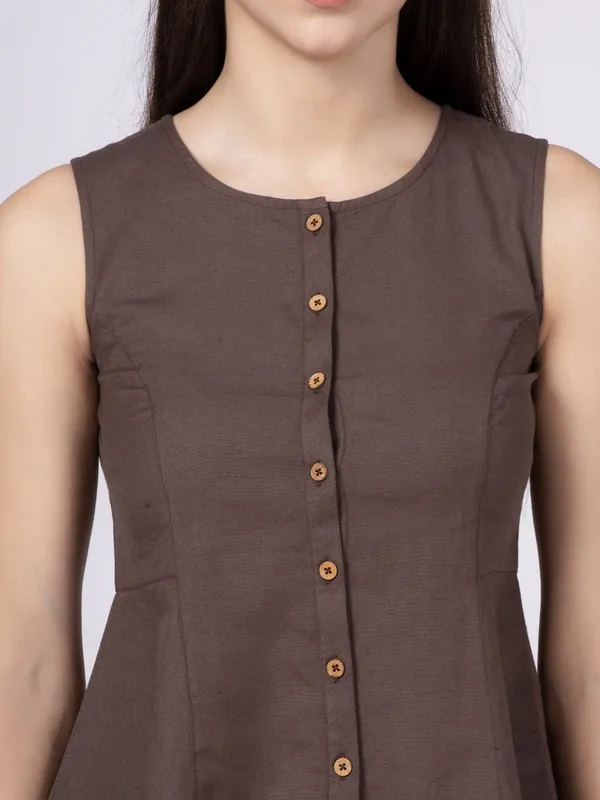 Brown_Cotton_Flax_Panelled_A-Line_Top_with_Button-Down_Placket