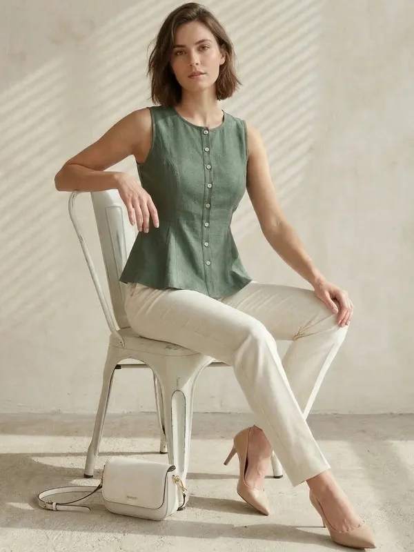 Green_Cotton_Flax_Panelled_A-Line_Top_with_Button-Down_Placket