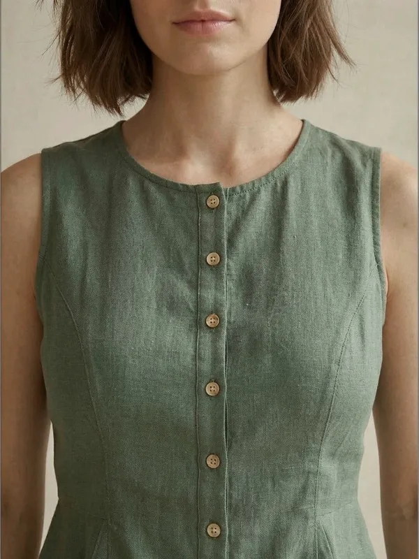 Green_Cotton_Flax_Panelled_A-Line_Top_with_Button-Down_Placket