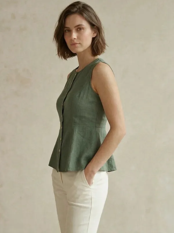 Green_Cotton_Flax_Panelled_A-Line_Top_with_Button-Down_Placket
