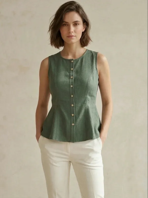 Green_Cotton_Flax_Panelled_A-Line_Top_with_Button-Down_Placket