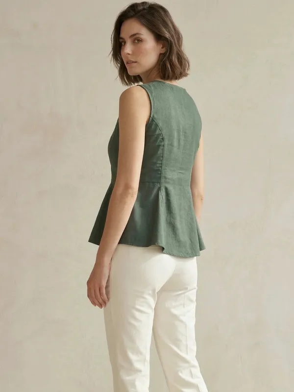 Green_Cotton_Flax_Panelled_A-Line_Top_with_Button-Down_Placket