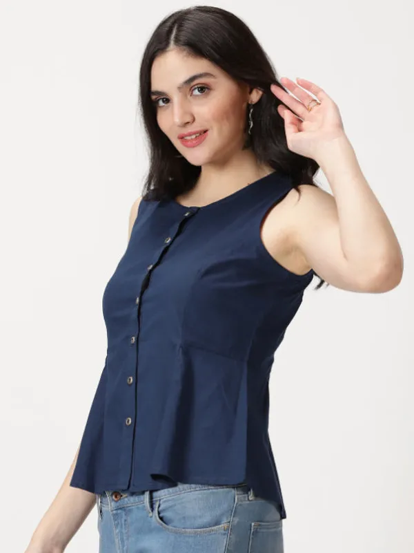 Navy_Blue_Cotton_Linen_Button-Down_A-Line_Top