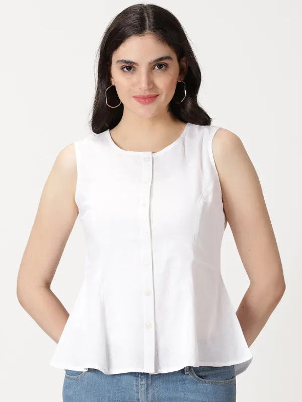 White_Cotton_Linen_Button-Down_A-Line_Top