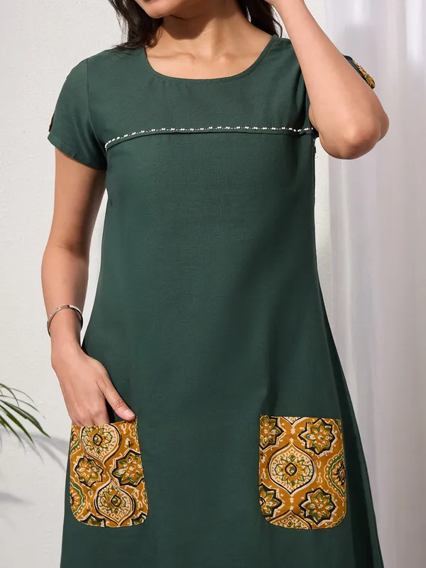 Pine_Green_Cotton_Linen_Dress_with_Ajrakh_Printed_Pockets