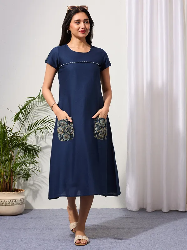 Navy_Blue_Cotton_Linen_Dress_with_Ajrakh_Printed_Pockets