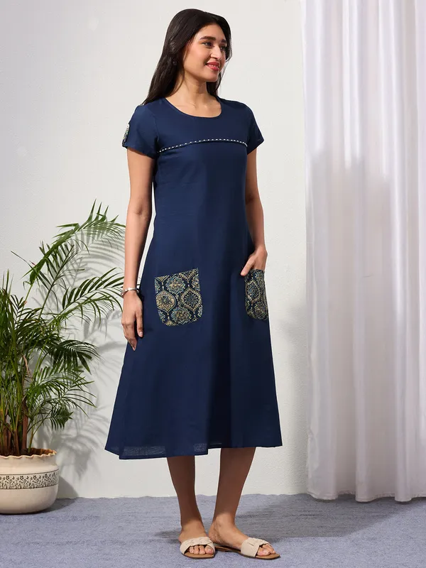 Navy_Blue_Cotton_Linen_Dress_with_Ajrakh_Printed_Pockets