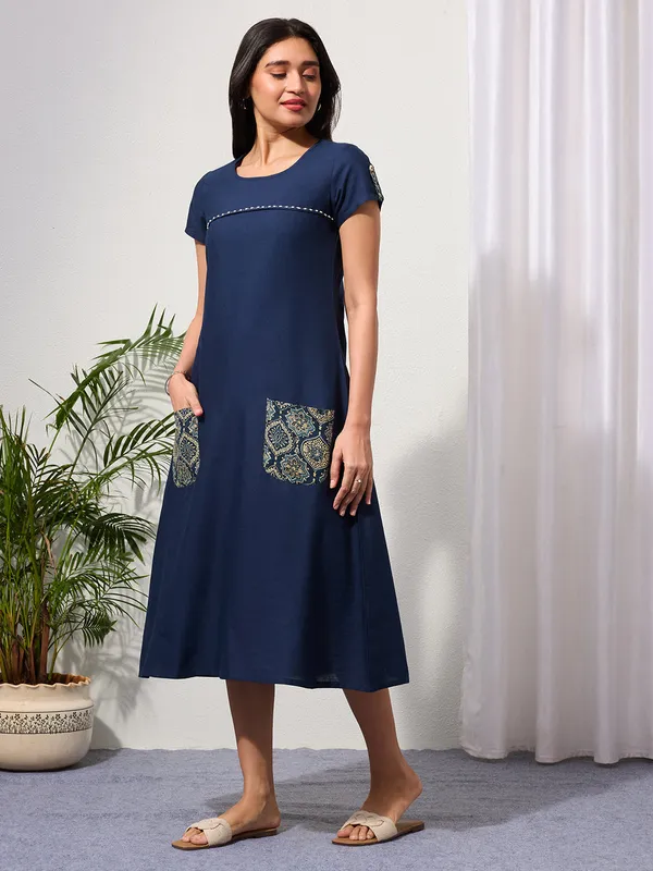 Navy_Blue_Cotton_Linen_Dress_with_Ajrakh_Printed_Pockets