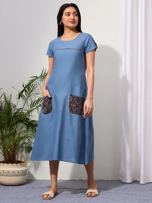 Dusty_Blue_Cotton_Linen_Dress_with_Ajrakh_Printed_Pockets