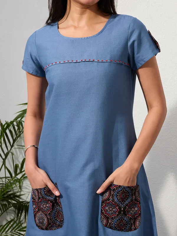 Dusty_Blue_Cotton_Linen_Dress_with_Ajrakh_Printed_Pockets