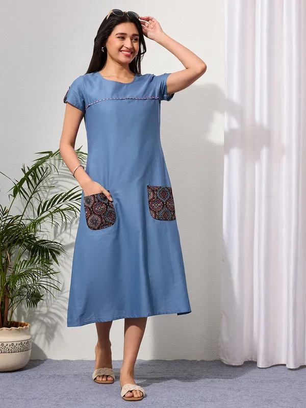 Dusty_Blue_Cotton_Linen_Dress_with_Ajrakh_Printed_Pockets
