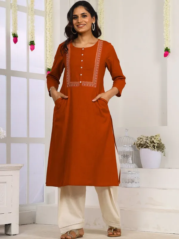 Rust_Embroidered_Straight_Fit_Kurta