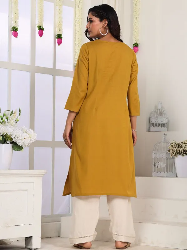 Caramel_Mustard_Embroidered_Straight_Fit_Kurta