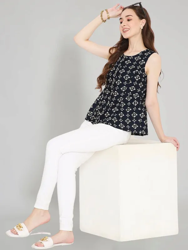Navy_Blue_Rayon_Bandhani_Printed_A-line_Panelled_Top