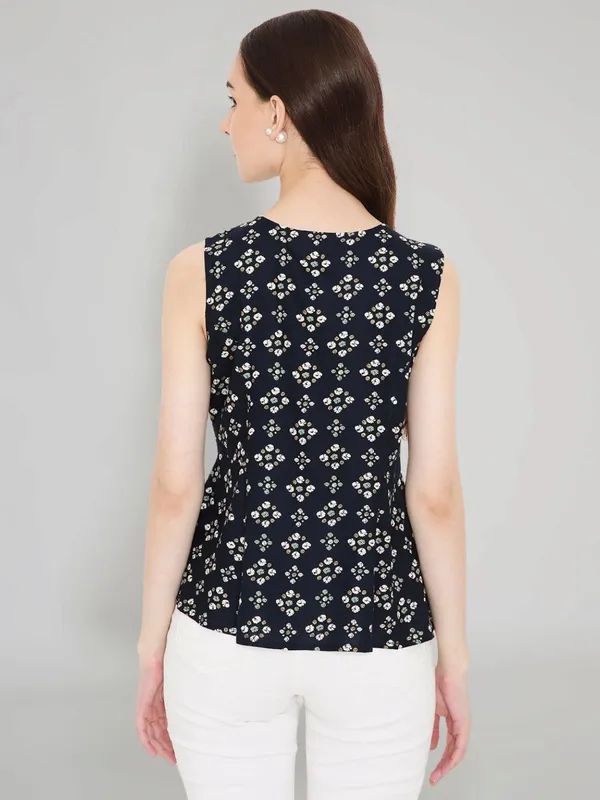 Navy_Blue_Rayon_Bandhani_Printed_A-line_Panelled_Top