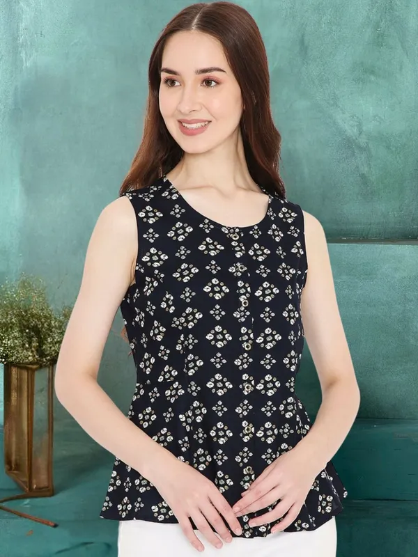 Navy_Blue_Rayon_Bandhani_Printed_A-line_Panelled_Top