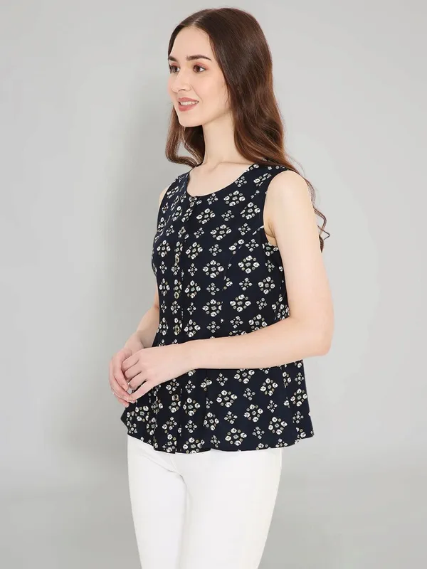 Navy_Blue_Rayon_Bandhani_Printed_A-line_Panelled_Top