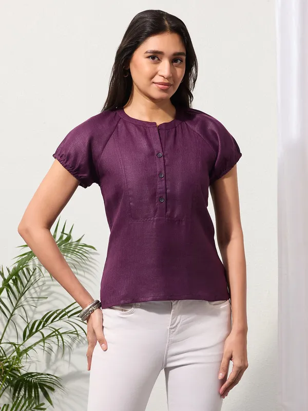 Mulberry_Purple_Solid_Design_Button-Placket_Regular_Top