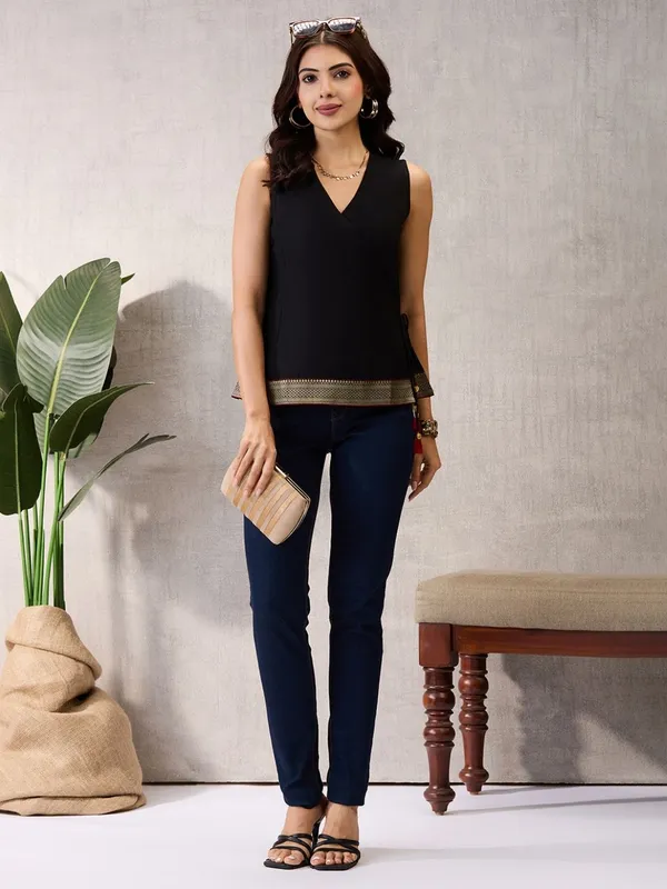 Black_Sleeveless_Wrap_Top_with_Geometric_Border