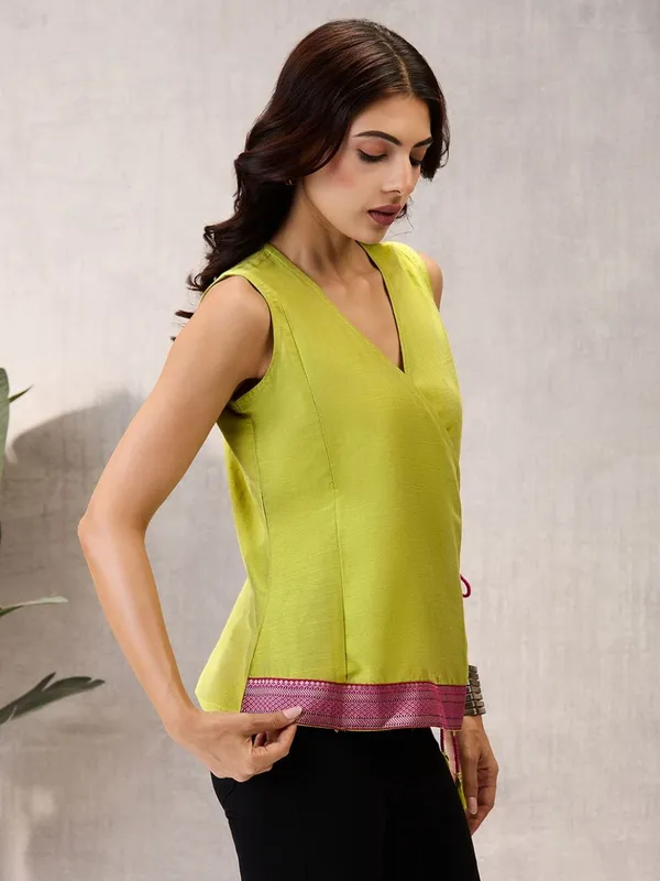 Pistachio_Green_Sleeveless_Wrap_Top_with_Geometric_Border